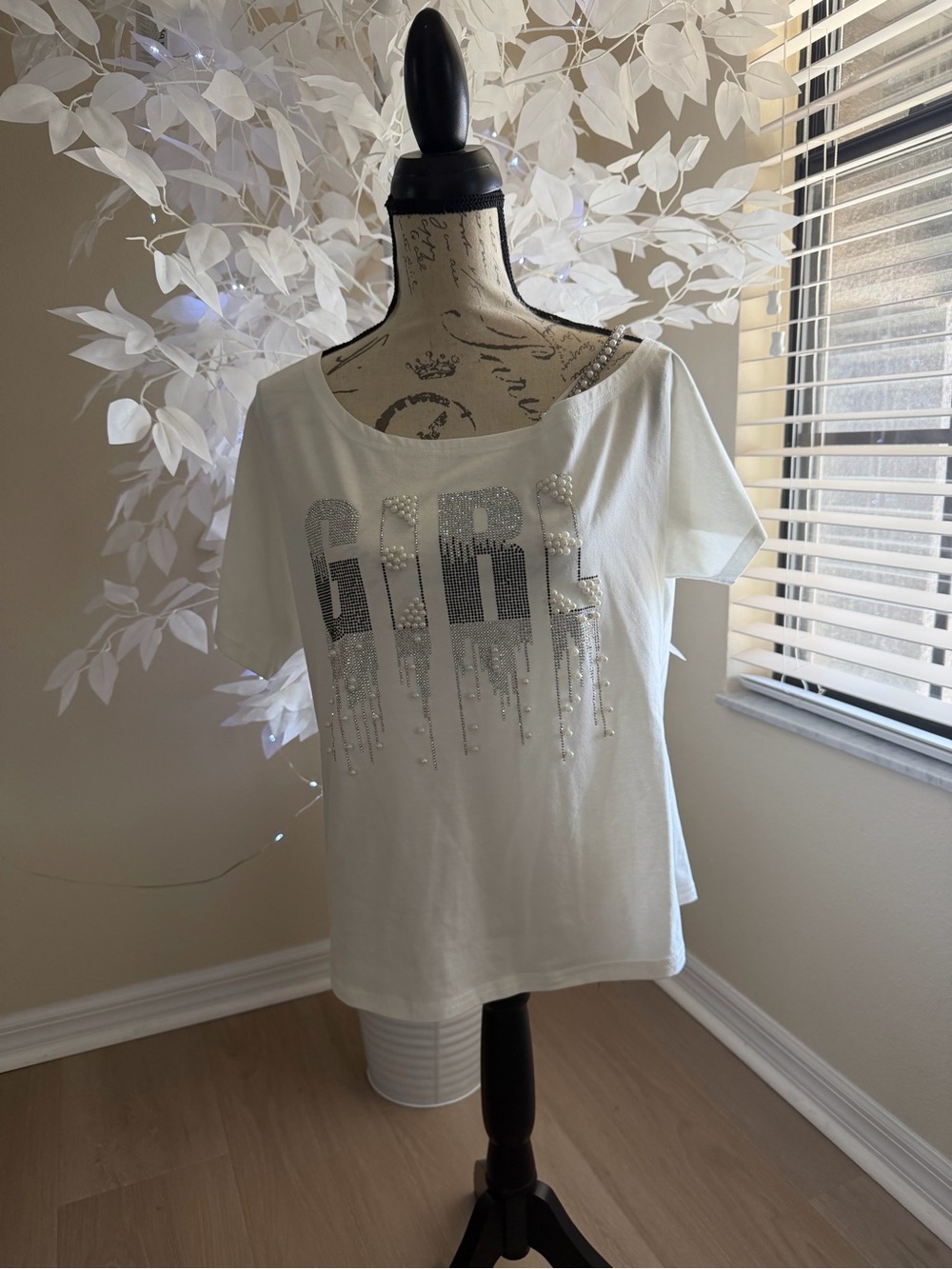 Women's White Embellished 'GIRL' Short Sleeve Tee